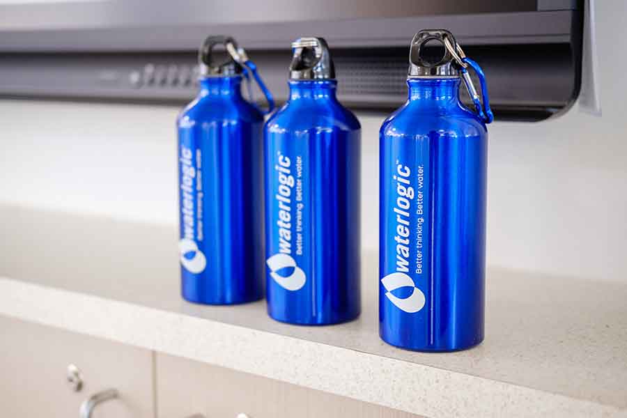 Waterlogic reusable blue bottles